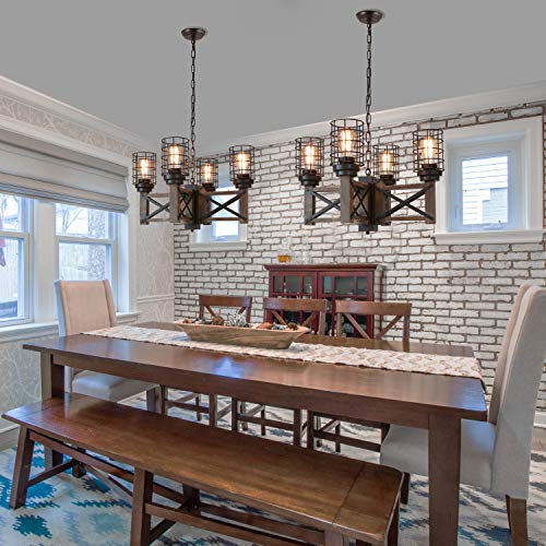 Eumyviv Wood Farmhouse Cage Rustic Chandelier Kitchen Island 4 Lights, 23.9" Industrial Dinning Table Pendant Lamp Vintage Edison Ceiling Light Fixture, Brown & Black(C0074) #TOP2