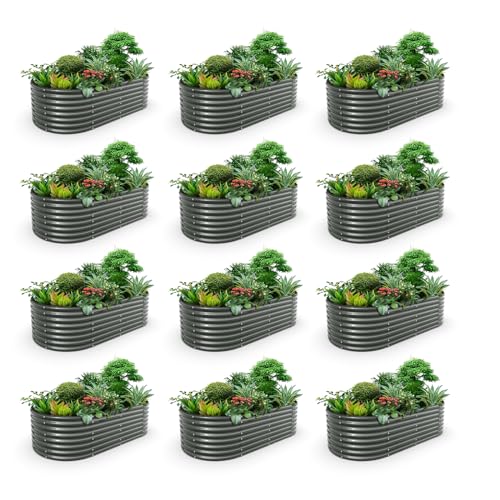 A ANLEOLIFE 12-Set 8X4X2 ft Galvanized Raised Garden Bed Kit, Oval Metal Deep Root Planters for Outdoor Plants, Quartz Grey
