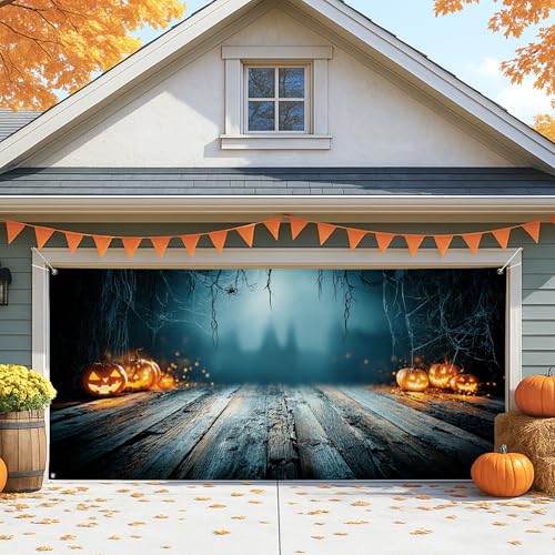 Grande housse de porte de garage d'Halloween, citrouille effrayante et toile d'araignée, décorations de porte de garage, décoration de fond de fête extérieure et intérieure, 397 x 180 cm