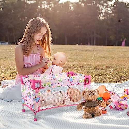 image for Chyyeerkidd Toy Baby Doll Crib for 18'' Dolls, Cute Pink Heart Designe