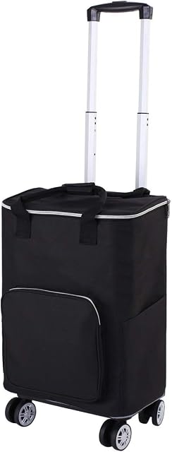 Falytemow Collapsible Utility Cart with Insulation Bag Foldable Reusable Shopping Trolley Bag with Wheels and Telescoping Handle Waterproof Oxford Fabric Folding Grocery Cart (Black)