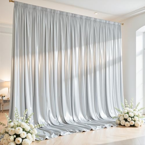 10x10ft Silver Glitter Backdrop Curtain for Parties, Wrinkle Free Satin