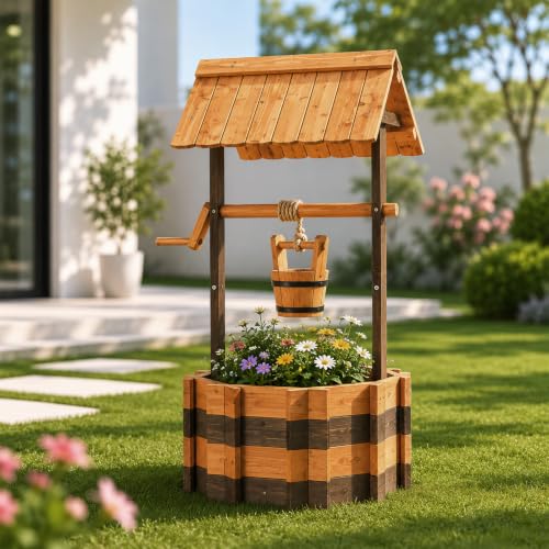 VINGLI Wooden Wishing Well Outdoor Planters Well Covers for Yard with 2 Reinforced Rods Height Adjustable Hanging Bucket Rustic Flower Pot Decor for Outside Patio Garden (Two-Tone 22 Width)