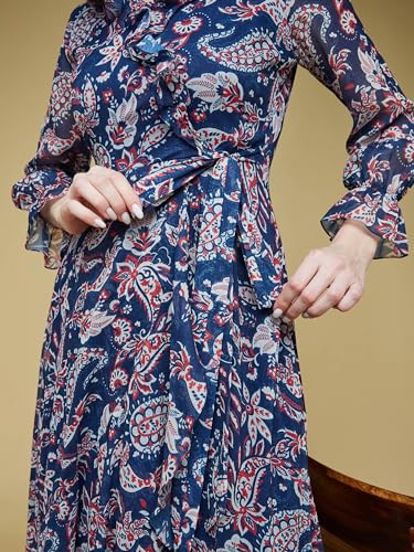 Image of Life with Pockets Women's V-Neck Full Sleeves Polyester Relaxed Fit Midi Length Dress