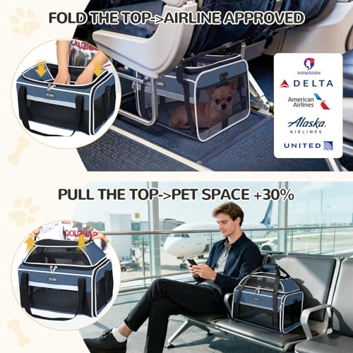Image of Lekereise Top-Expandable Pet Carrier 17x11x9.5 Inch Alaska Hawaiian Airline Approved Soft Sided Underseat to 12lbs Travel Carriers for Small Dogs and Cats with Locking Safety Zippers Anti-Scratch Mesh