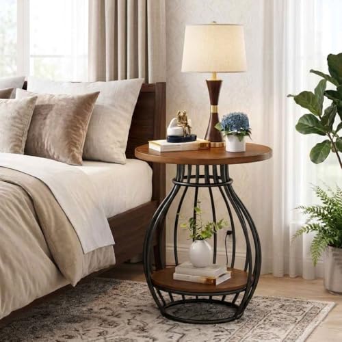 Image of Al Hama 2 Tier Coffee Table: Minimalist Nordic Style White Elegant Round Tables Tea Table Sturdy Metal Frame Corner Table Bedroom Bedside Table (Black Brown)