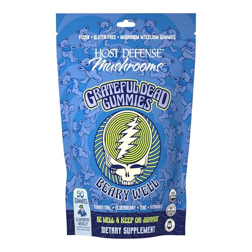 Host Defense Beary Well Grateful Dead Gummies - Mushroom Gummies with Agarikon Turkey Tail Chaga Elderberry Vitamin C & Zinc - Upper Respiratory System Health and Immune Support (30 Servings)
