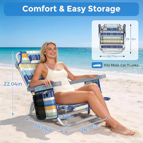 5-Position Backpack Beach Chair for Adults with Lumbar, Foldable Tall Heavy-Duty Beach Chairs with Cooler Bag,Cup Holder,Towel Rack for Beach, Camping, Outdoor by HOPERAN - Used condition - Image 6