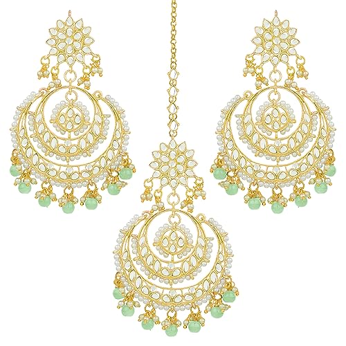 Image of Peora Traditional Jewellery Rhodium Kundan & Pearl Maang Tikka Earring Set for Women Girls