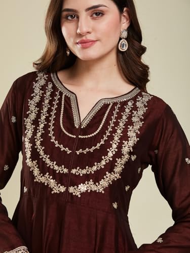 Image of MOKOSH Women's Silk Embroidery Anarkali Kurta Pant with Dupatta | Women's Anarkali Kurta Set | 3 Piece Ethnic Outfit with Dupatta | Round Neck Full Sleeve