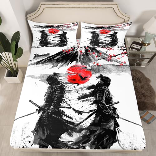 Feelyou Japanese Samurai Bed Sheet Set Boys Girls Twin Size Sunset Fitted Sheet for Kids Women Men Ultra Soft Japan Themed Bedding Set Landscape Silhouette Bed Cover Room Decor Floral Bed Set