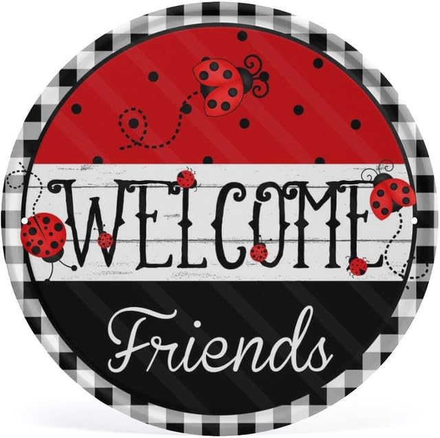 Geroclonup Rustic Wall Plaque Round Metal Tin Sign Spring Sign Spring Lady Bug Welcome Wreath Metal Sign Pub Club Cafe bar Home Wall Art Decoration Man Cave Tin Vintage Decoration-30cm
