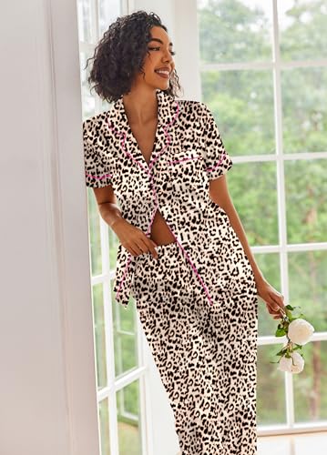 Image of Ekouaer 2 Piece Satin Short Sleeve Pajamas Set Button Down Sleepwear | Soft Pjs Set Classic Loungewear for Wedding, Party, Home, Daily Wear, Date Nights