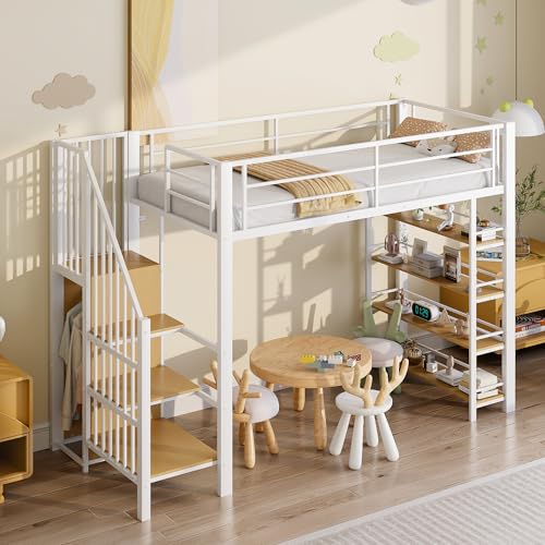 SACOOL Cama alta 90 x 200 cm, con escalera de seguridad, espacio de almacenamiento, armario pequeño, estantes, diseño de valla alta, cama juvenil, color blanco