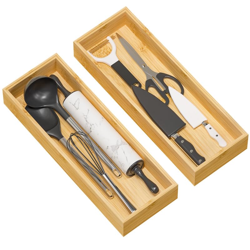 Kitchen Drawer Organizer Tray, Stackable Bamboo Deep Drawer Organizer for Large Silverware, Utensils, Cutlery, Flatware, 17 x 6 x 2.5 Set of 2