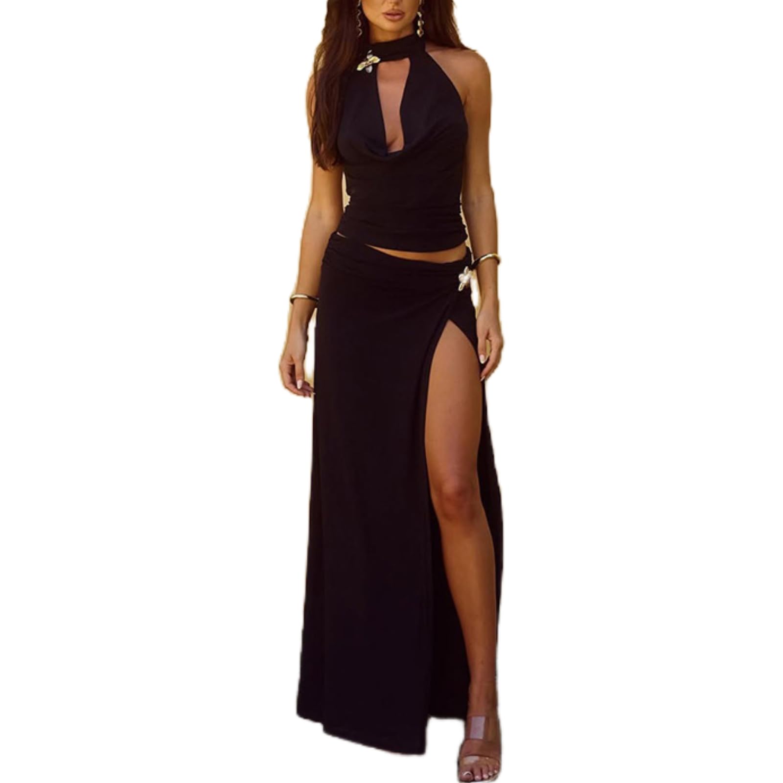 Womens Sexy Skirt Outfits Backless Halter Crop Top Slit Maxi Skirt Summer Beach Vacation Sets