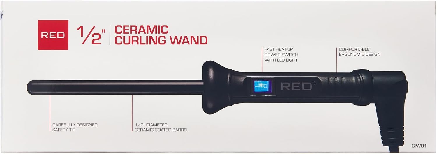 RED Pro Ceramic Tourmaline 0.5" Curling Wand – Slim Precision Barrel for Tight Spirals, Defined Ringlets & Long-Lasting, Frizz-Free Curls