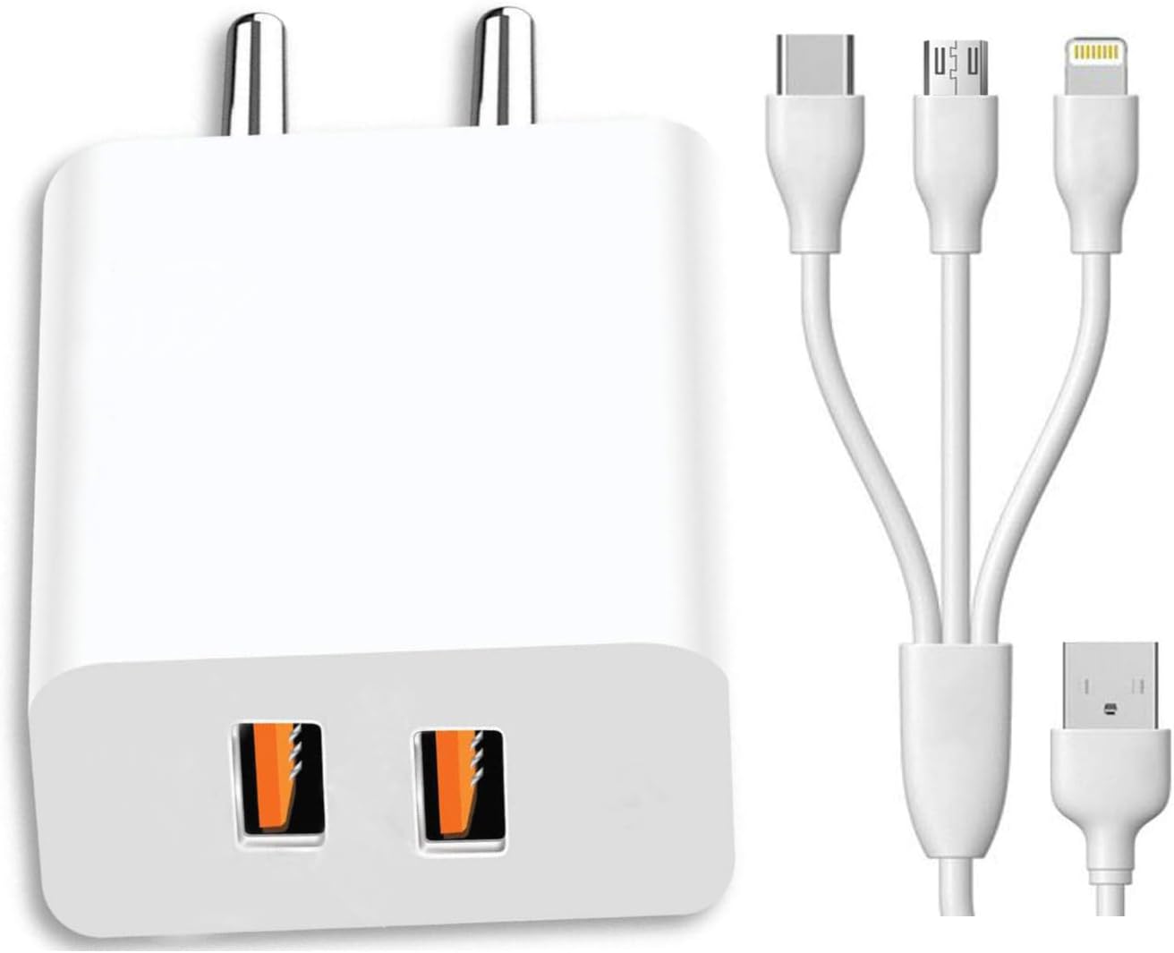 3 in 1 Dual Port Charger For Panasonic Eluga A A2 A3 Pro A4 Arc 2 C DL1 I I2 (2016) Activ I3 i3 Mega I4 I5 I7 (2019) I9 Icon L 4G L2 Mark Note Power Pulse X Ray 500 530 550 600 700 Charger Android Smartphone Wall Charger Mobile Charger Fast Charging Mobile Charger Hi Speed Rapid Fast Charger With 1.2m 3-in-1 Multi Functional Super charging Cable Micro USB Android, iOS and Type-C USB Cable - (White, 2.4Amp, SH.I1)