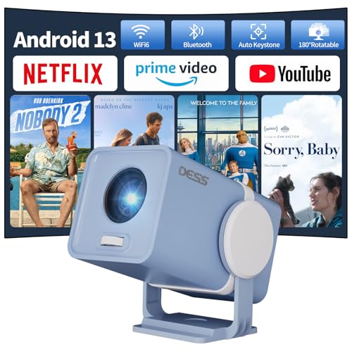 Image of Mini Projector with WiFi and Bluetooth, Portable Outdoor Projector Powered by Power Bank, 180° Rotatable Small Movie projector, Auto Keystone, Built-in Apps, Android 13 Smart Projector, Dess T1