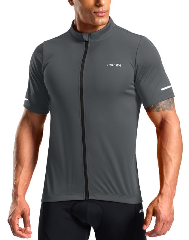 Bikewa Mens Cycling Jersey Full Zip 3+1 Rear Zipper Pockets Short Sleeve UPF50+ Bike Bicycle Riding Shirt Moisture Wicking MTB Biker Road Biking Shirts for Men(Dark Grey M)