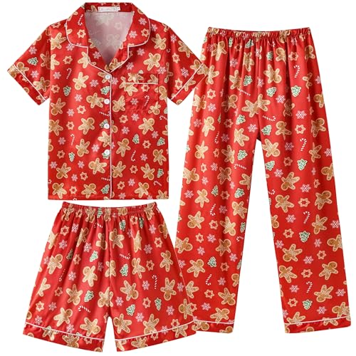 Vopmocld Satin Pajama Sets Unisex Boys and Girls Silk Button Down Short Sleeve & Shorts & Pants Sleepwear 3PCS Loungewear PJS, Gingerbread, 14
