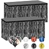 2 Pack 29.5x108 Inch Black Foil Tinsel Fringe Table Skirts, Disposable Table Skirts for Rectangle Tables Curtains Backdrop Parade Wedding Floats Baby Shower Birthday Mardi Gras Party