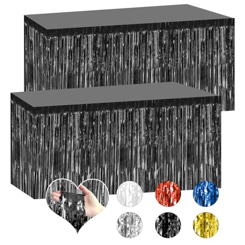 Bouiexye 2 Pack 29.5X108 Inch Black Foil Tinsel Fringe Table Skirts, Disposable Table Skirts For Rectangle Tables Curtains Backdrop Parade Wedding Floats Baby Shower Birthday Mardi Gras Party cover