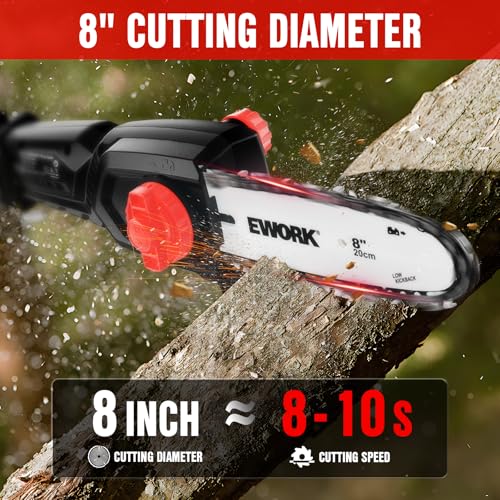 Image of EWORK Electric Pole Saws for Tree Trimming 20V 8-Inch Cordless Pole Chainsaw, Extension to 14.8-Ft, 4-Angle Adjustable Head, Tool-Free Tensioning with 2x2.0Ah Battery & Fast Charger