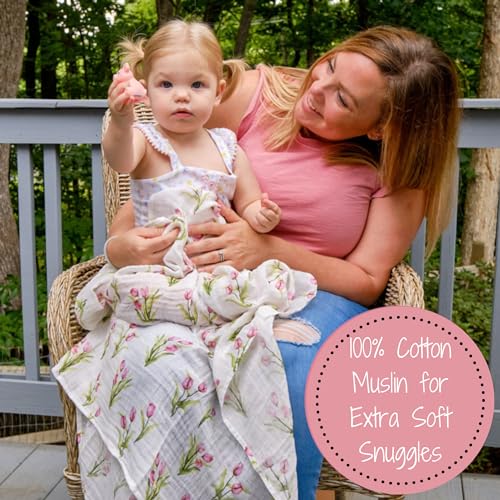 Image of LollyBanks Muslin Swaddle Blankets 2PACK, 100% Cotton Baby Blanket 47 x 47 Inches, Large Baby Swaddle Breathable, Muslin Blankets for Girls (Hydrangea and Tulip Print)
