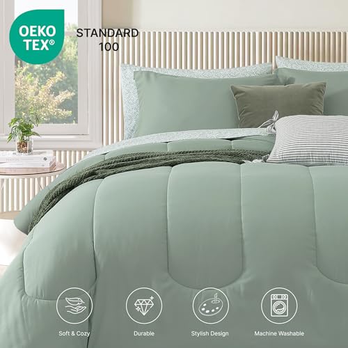 Image of Monbix Queen Comforter Set - 7 Pieces Sage Green Bed in a Bag Queen Track Stitching Bedding Sets, All Seasons Comforter Bed Set with Sheets, Pillowcases & Shams