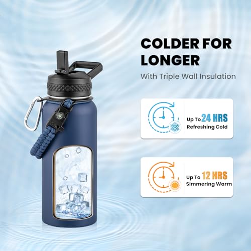 Image of RAYMYLO Insulated Water Bottle 32 oz, Triple Wall Vacuum Stainless Steel (Cold for 24Hrs, Hot for 12Hrs), Leak Proof & Non-BPA, Modern Water Flask Jug with Paracord Handle & Straw Spout Lids