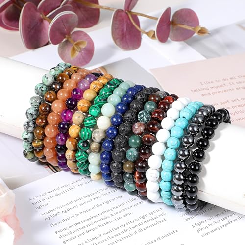 15pcs 8mm Gorgeous Semi-Precious Gemstone Bracelet, Round Beaded Bracelets for Women Men, Crystal Stretch Bead Bracelet Jewelry Gifts3