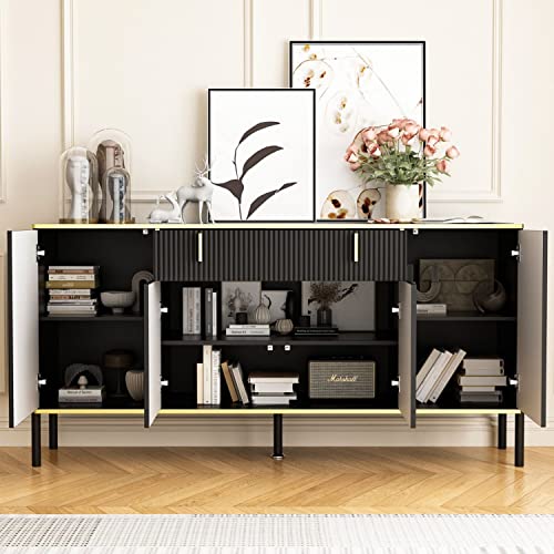 Didugo Sideboard Buffet Storage Cabinet With Drawer & Pop-Up Doors, Credenza Sideboard Buffet, Modern & Contemporary, For Living Room Black And Gold (63”W X 15.7”D X 31.5”H) #TOP2