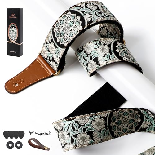 WELAIYOOUQ Guitar Strap, Electric& Acoustic bass Guitar Straps,Embroidered Filament with Head Cowhide Leather Strap, with Free Strap Button,2 Guitar Strap Locks，4Guitar Pick (Green Floral Print)
