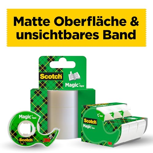 Scotch Magic Unsichtbares Klebeband, 3 Rollen, 19 mm x 25 m + 1 Handabroller GRATIS Grün - Unsichtbares Klebeband für allgemeine Zwecke zur Reparatur, Etikettierung und Versiegelung von Dokumenten