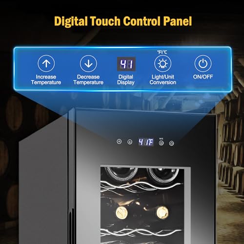 Image of Wine Fridge 12 Bottles, Small Wine Cooler Refrigerator Freestanding with Digital Temperature Control Safety Lock, Frost Free for Red White Wine, Champagne