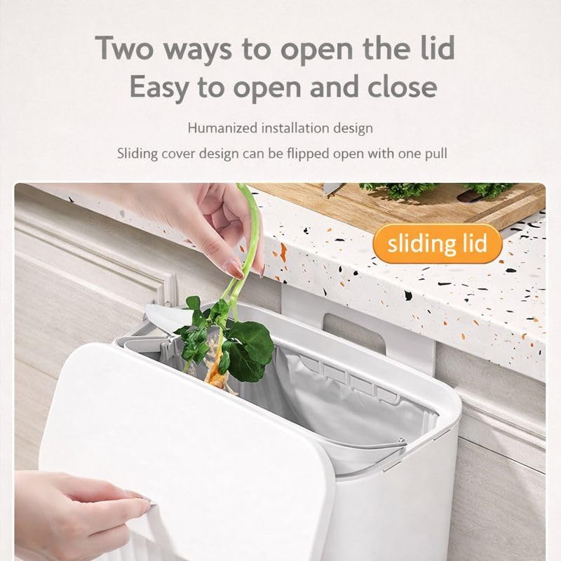 RADIANT 7 Litre Plastic Hanging Kitchen Trash Can With Lid, Double-Sided Open Lid Design, Kitchen Trash Can, Kitchen Cabinet Door Hanging Wall Storage Bucket (with 30 Garbage Bag) (White)