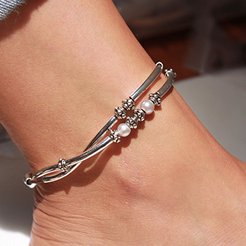 Lizzy James Lucy Anklet In Natural Black Leather Silver Plate Crescents With Freshwater Pearls (Silver Plain, 12 Inch) #TOP2