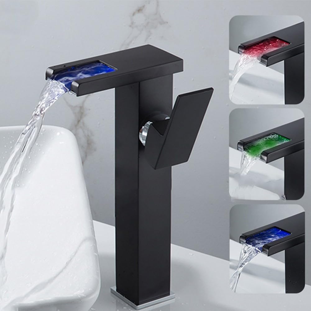 Rubinetto miscelatore a cascata con LED dorato, in ottone, per acqua fredda e calda, con montaggio a ponte e tubi di ingresso dell'acqua per lavello (bianco)