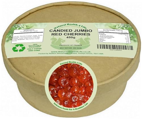 Natural Health 4 Life Candied Jumbo Red Glace Cherries 450g Cherrys for Baking Cake Decorating and Christmas Desserts Fat Free Vegetarian Produce Of France (1 Tub)