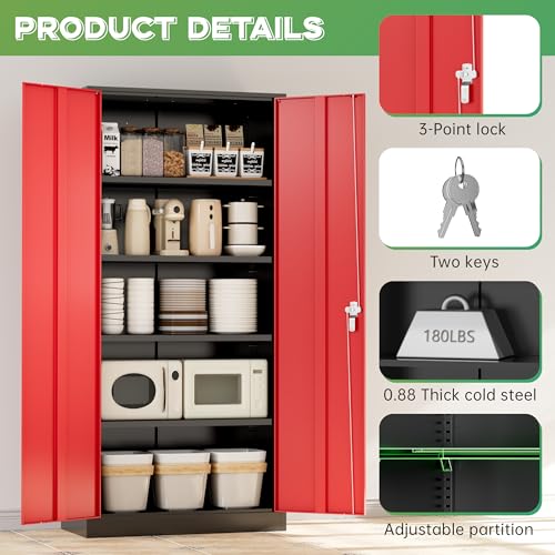 Image of INTERGREAT Metal Storage Cabinet,72 inch Steel Lockable File Cabinet with Locking Doors and Adjustable Shelves,Locking Tool Cabinets for Office,Home,Garage,Gym,School (Black Red)