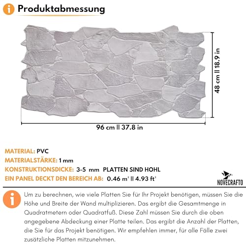 3D Wandpaneele, 10er-Set, Abdeckung von 4,6 qm – Dekorative Wandverkleidung aus Kunststoffplatten, Panel Größe 96 x 48 cm für Küche, Wohnzimmer, Bad, Büro – Graue Wilde Steinoptik Wandpaneele Muster