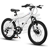 Elecony Ecarpat 20 Inch Boys Girls Bike, Kids Mountain Bike Ages 8-12, 7 Speed Teenager Boys Girls Bicycle, Front Suspension, Front Disc Brake, 14 Inch Height Steel Frame (White, 20 Inch)