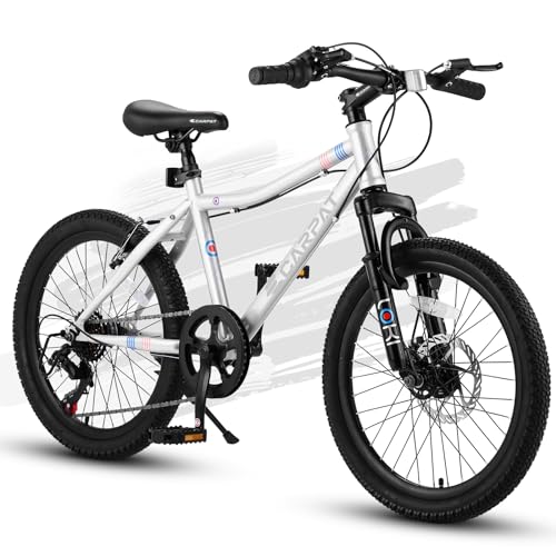 KWOJU 20 Inch Kids' Bike, Boys Girls Mountain Bike Ages 8-12, 7 Speed Teenager Children Kids' Bicycles, Front Suspension Disc Brake Rear V-Brake, High Steel Frame (White)