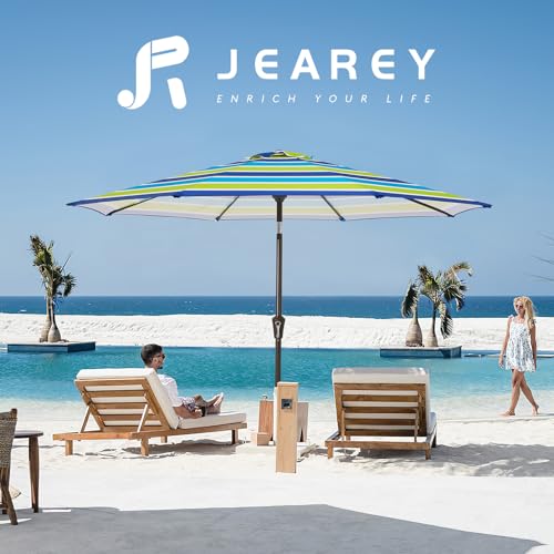 Image of JEAREY 9FT Outdoor Patio Umbrella Outdoor Table Umbrella with Push Button Tilt and Crank, Market Umbrella 8 Sturdy Ribs UV Protection Waterproof for Garden, Deck, Backyard, Pool (Blue-Green Stripe)