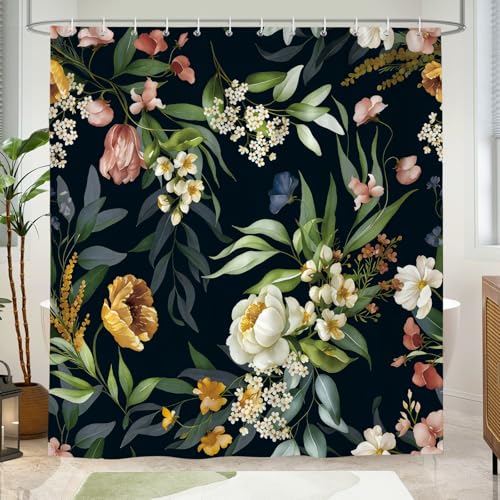 Hopomoon Artistic Floral Duschvorhang - Handgemalt Stil Badezimmer Dekor Wasserdicht Polyester Stoff 180x180cm Schwarz Vintage Design mit Natur inspiriertem Muster