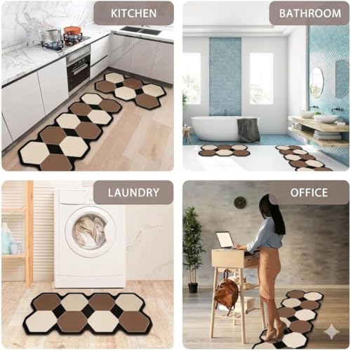 Image of Kitchen Anti Slip Mat for Floor, Waterproof Washable Kitchen Mats, Non Slip Kitchen Floor Mats for Home, Soft Mats for Kitchen, Kitchen Mats for Floor Anti Slip (Fancy Brown HEXAGONE)