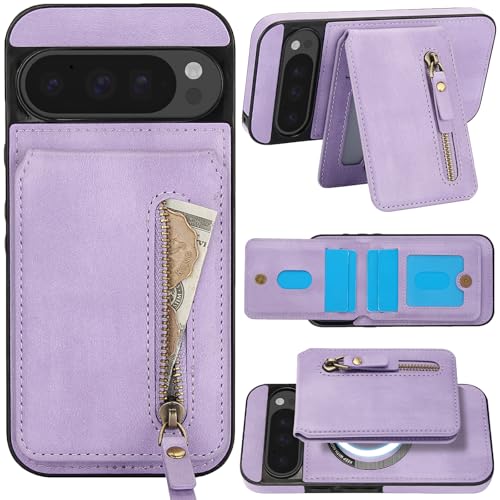 Coque Portefeuille pour Google Pixel 9 et 9 Pro Violette Etui Cuir PU Magnétique Ysnzaq