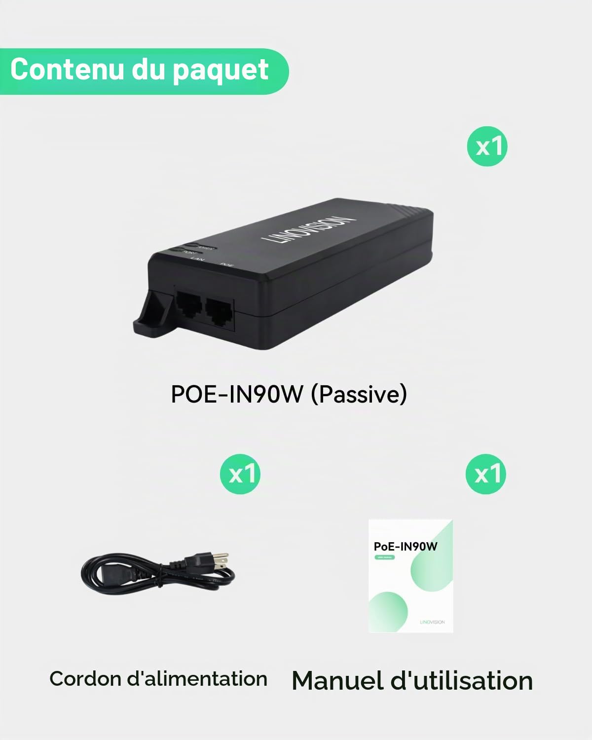 LINOVISION Injecteur PoE Passif Gigabit 90W, Injecteur PoE Monoposte, Midspan Hi-POE 10/100/1000Mbps, Injecteur d'alimentation PoE pour Caméra PTZ, Téléphone VoIP
