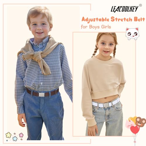 LEACOOLKEY 4 Pack Boys Girls Adjustable Belts Kids Elastic Uniform Belt with Silver Buckle Toddle Stretch Belt3